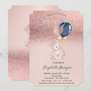 Rose Gold Glitter Bokeh,Teddy Bear Baby Shower  Invitation