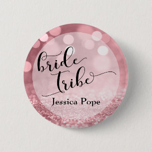 Rose Gold Glitter Bokeh Typography Bride Tribe 6 Cm Round Badge