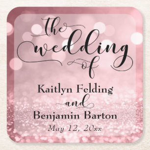 Rose Gold Glitter Bokeh & Typography Commemorative Square Paper Coaster