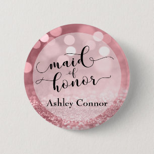 Rose Gold Glitter Bokeh & Typography Maid of Honou 6 Cm Round Badge