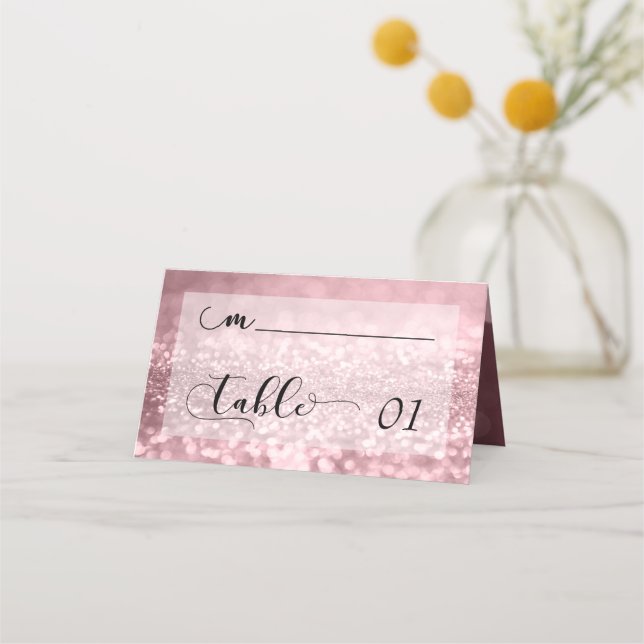 Rose Gold Glitter Bokeh & Typography Place Card (Front)