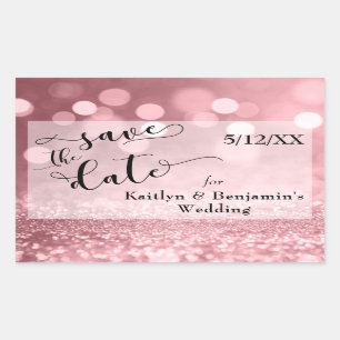 Rose Gold Glitter Bokeh & Typography Save the Date Rectangular Sticker