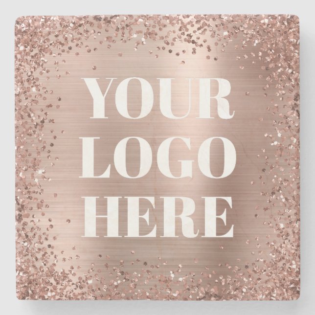 Rose Gold Glitter Border and Foil Logo Stone Coaster (Front)