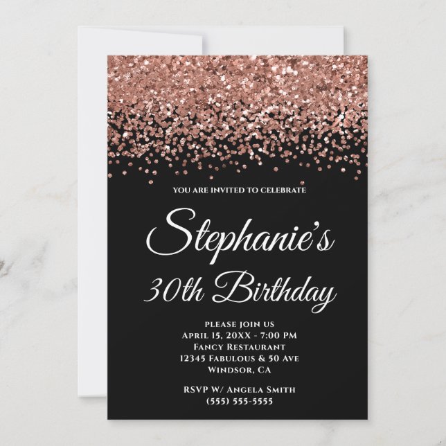 Rose Gold Glitter Border Black 30th Birthday Invitation (Front)