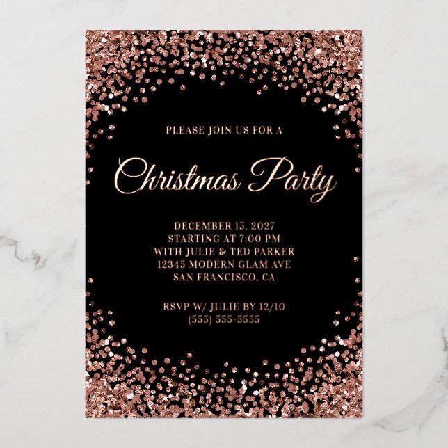 Rose Gold Glitter Border Black Christmas Party (Front)