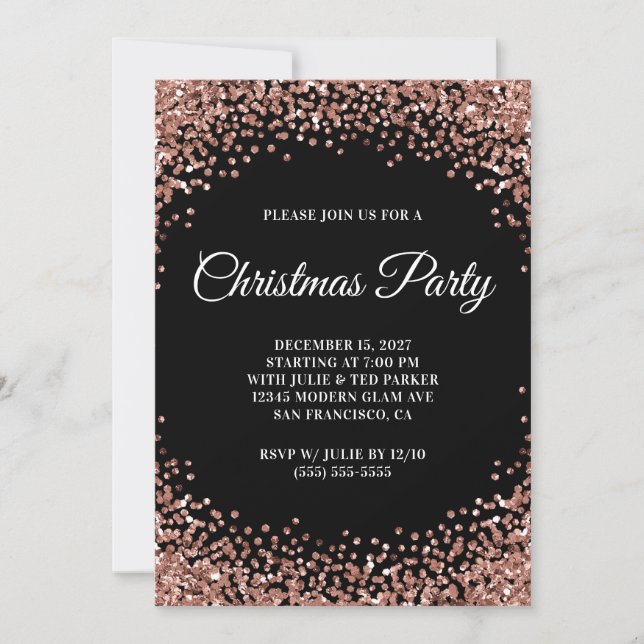Rose Gold Glitter Border Black Christmas Party Invitation (Front)