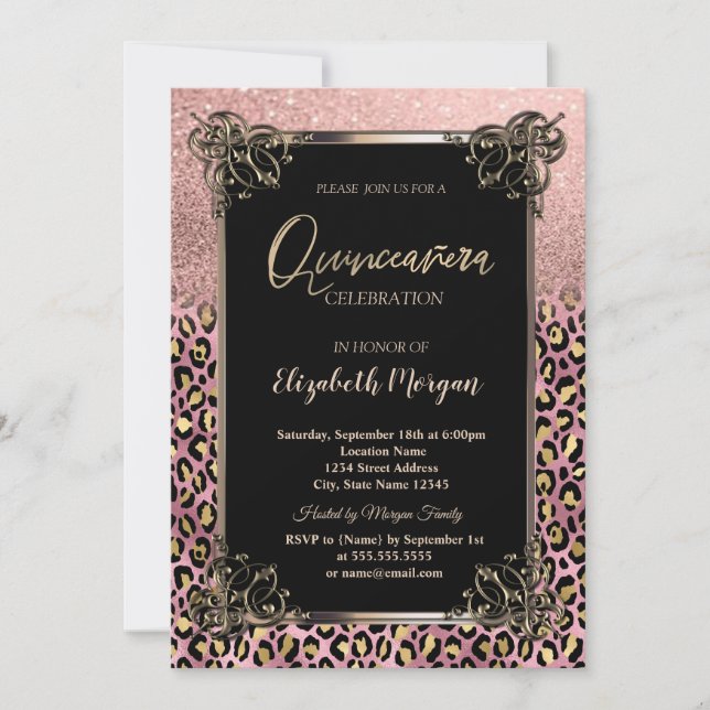 Rose Gold Glitter Border Leopard Quinceañera Invitation (Front)