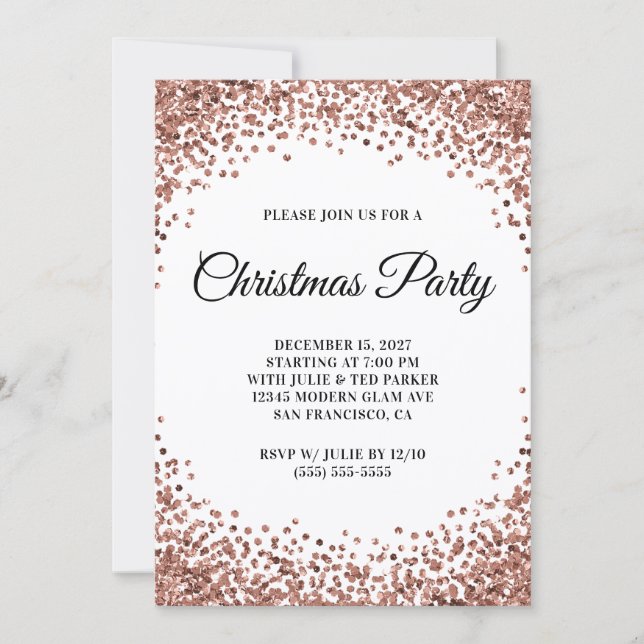 Rose Gold Glitter Border White Christmas Party Invitation (Front)