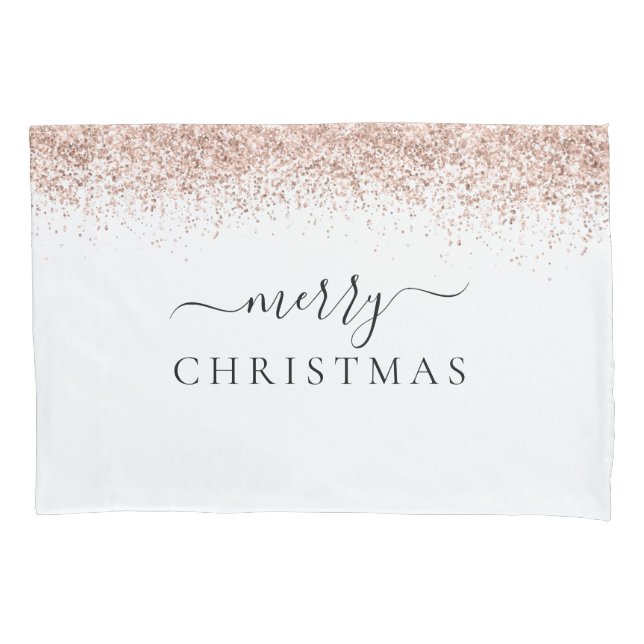 Rose Gold Glitter Border White Merry Christmas Pillowcase (Front)