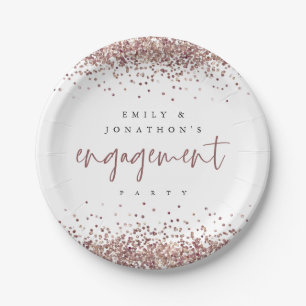 Rose Gold Glitter Borders Names Engagement Party Paper Plate
