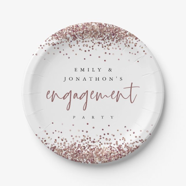 Rose Gold Glitter Borders Names Engagement Party Paper Plate (Front)