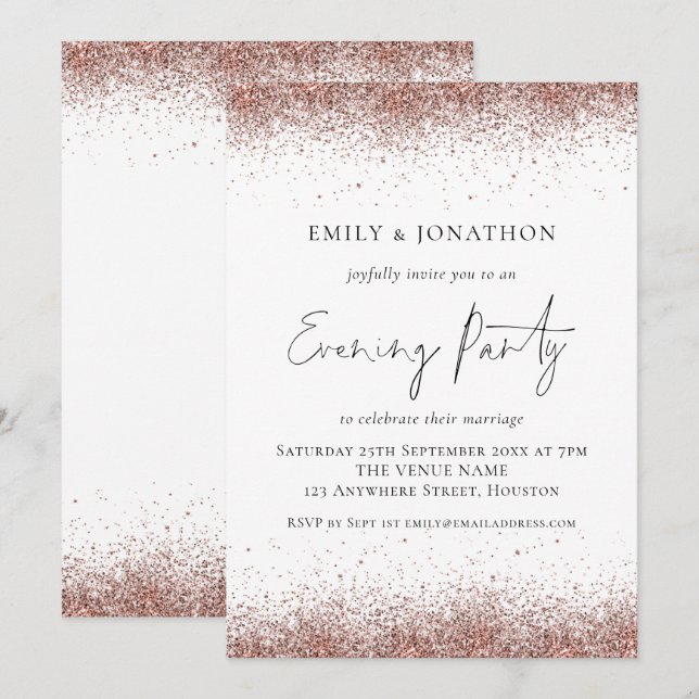 Rose Gold Glitter Borders Wedding Evening Invitation (Front/Back)