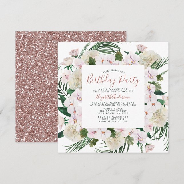 Rose Gold Glitter Bouquet Birthday Party Invitation (Front/Back)
