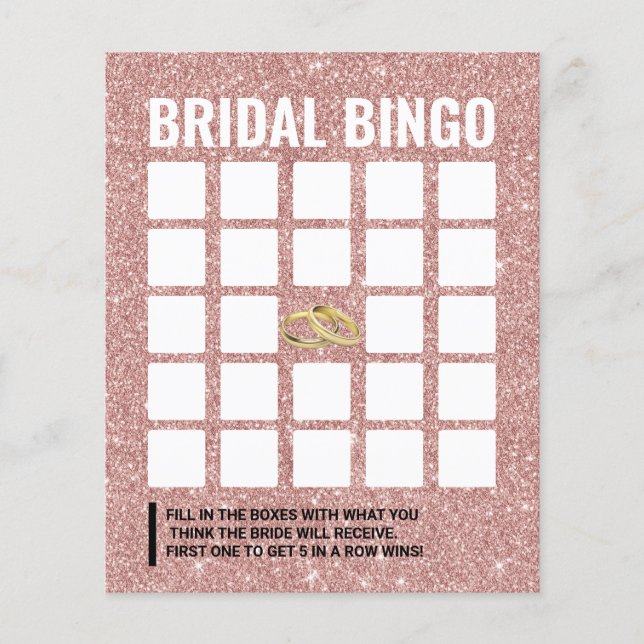 Rose Gold Glitter Bridal Shower Bingo Game Card (Front)