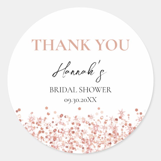 Rose Gold Glitter Bridal Shower thank you Classic Round Sticker (Front)