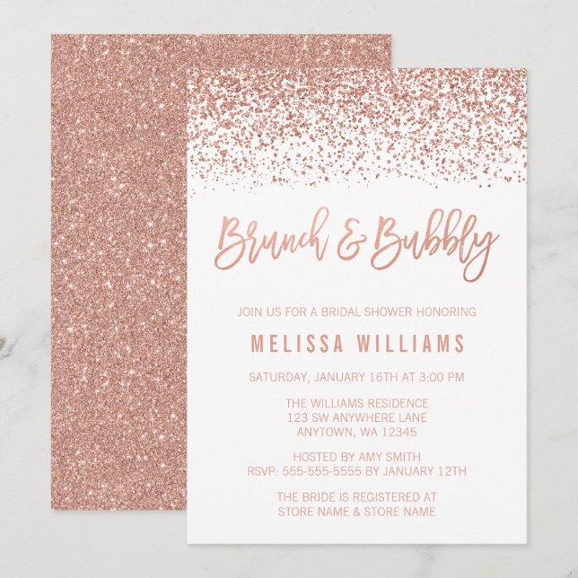 Rose Gold Glitter Brunch and Bubbly Bridal Shower Invitation (Front/Back)