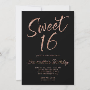 Rose Gold Glitter Brush Script Sweet 16 Black Invitation
