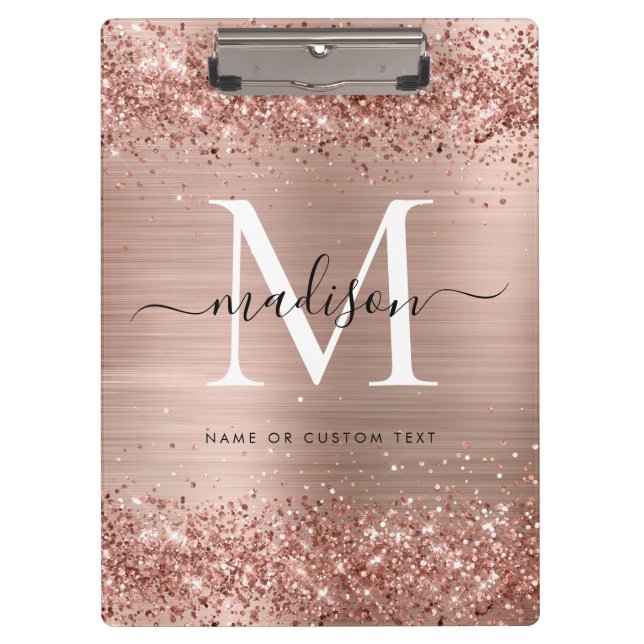 Rose Gold Glitter Brushed Metal Monogram Script Clipboard (Front)