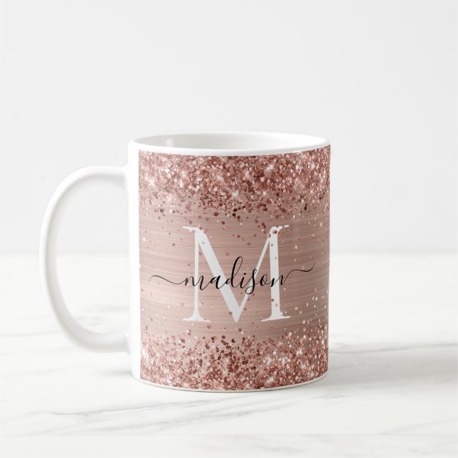 Rose Gold Glitter Brushed Metal Monogram Script Coffee Mug (Left)