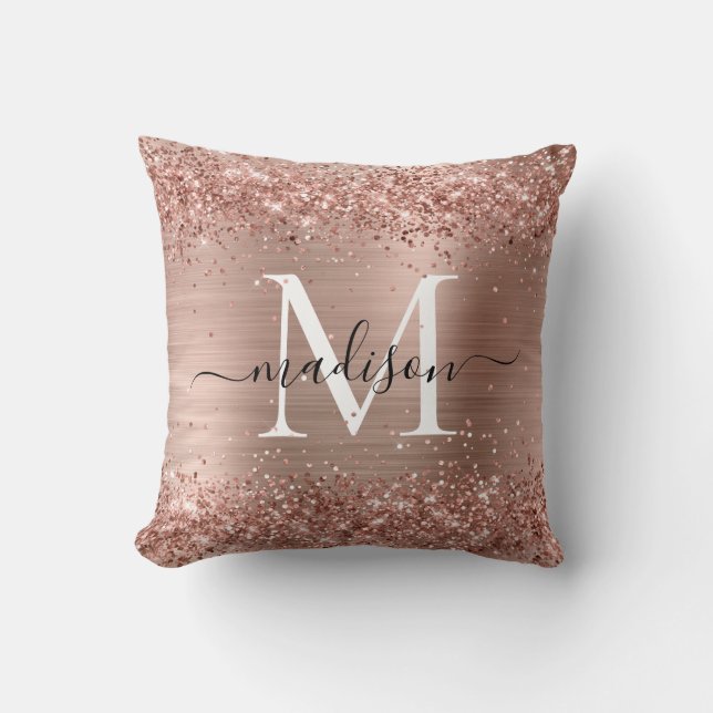 Rose Gold Glitter Brushed Metal Monogram Script Cushion (Front)