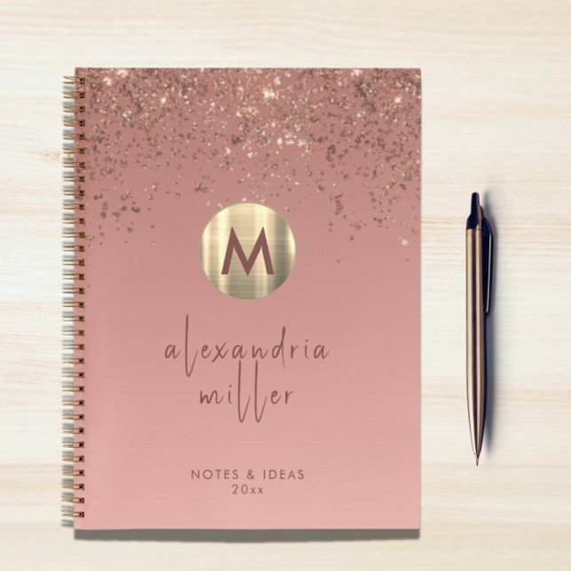 Rose Gold Glitter Brushed Metal Monogram Script Notebook