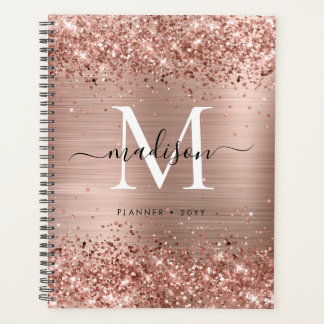 Rose Gold Glitter Brushed Metal Monogram Script Planner