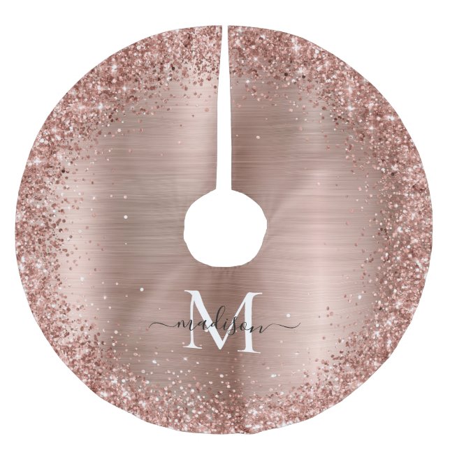 Rose Gold Glitter Brushed Metal Monogram Script Polyester Tree Skirt (Front)