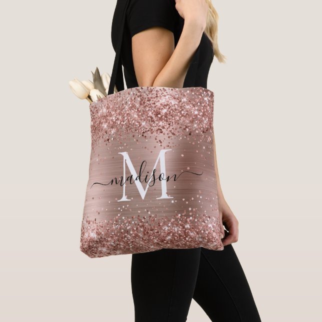 Rose Gold Glitter Brushed Metal Monogram Script Tote Bag (Close Up)
