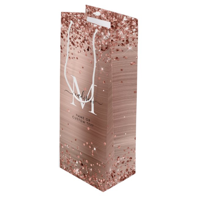 Rose Gold Glitter Brushed Metal Monogram Script Wine Gift Bag (Front Angled)