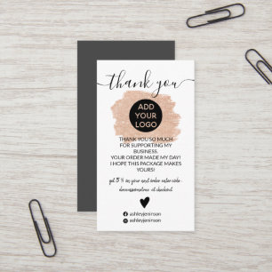 Rose gold glitter brushstroke logo order thank you business card