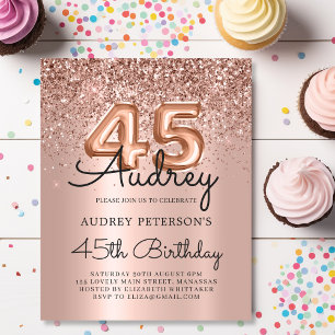 Rose Gold Glitter Budget 45th Birthday Invitation
