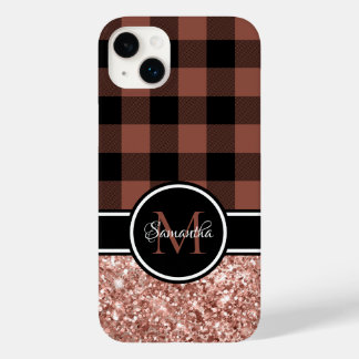 Rose Gold Glitter Buffalo Plaid Monogram Case-Mate iPhone 14 Plus Case