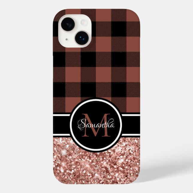 Rose Gold Glitter Buffalo Plaid Monogram Case-Mate iPhone Case (Back)
