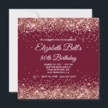 Rose Gold Glitter Burgundy 80th Birthday Invitation<br><div class="desc">An elegant fancy monogram 80th birthday invitation for her. Faux sparkly rose gold glitter girly glam with sparkles against a dark red burgundy colour. The fancy classic flourish calligraphy monogram on the back can be customised. A lovely invite for your great grandmother on her milestone birthday. All the glittery elements...</div>