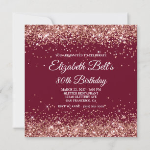 Rose Gold Glitter Burgundy 80th Birthday Invitation