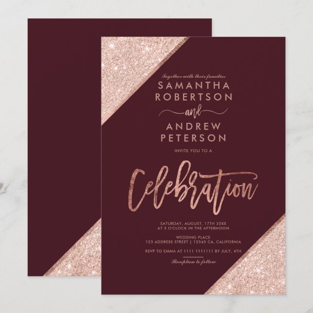 Rose gold glitter burgundy celebration wedding invitation (Front/Back)