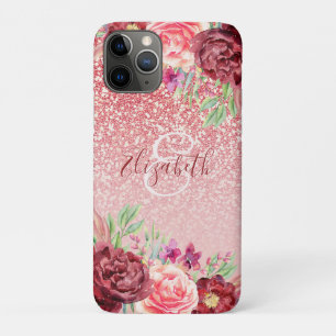 Rose Gold Glitter Burgundy Floral Personalised iPhone 11 Pro Case