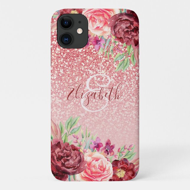 Rose Gold Glitter Burgundy Floral Personalised Case-Mate iPhone Case (Back)
