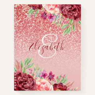 Rose Gold Glitter Burgundy Floral Personalised Notebook
