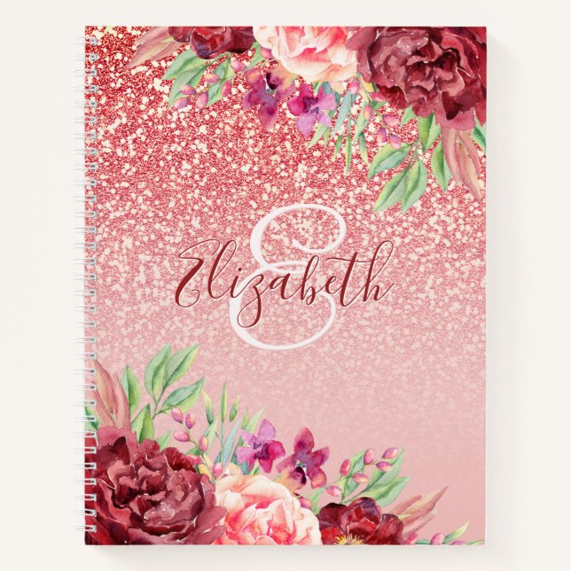Rose Gold Glitter Burgundy Floral Personalised Notebook (Front)