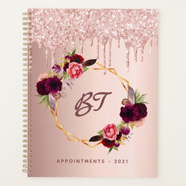 Rose gold glitter burgundy florals monogram 2026 planner (Front)