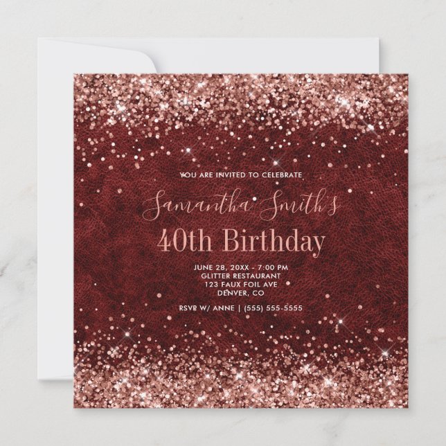 Rose Gold Glitter Burgundy Leather 40th Birthday Invitation (Front)