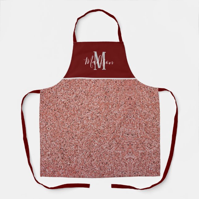 Rose Gold Glitter Burgundy Monogram Personalised Apron (Front)