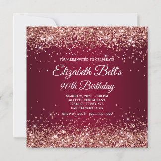 Rose Gold Glitter Burgundy Ombre 90th Birthday Invitation