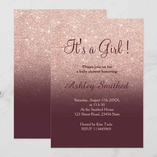 Rose gold glitter burgundy ombre girl baby shower invitation (Front/Back)