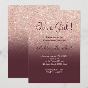 Rose gold glitter burgundy ombre girl baby shower invitation