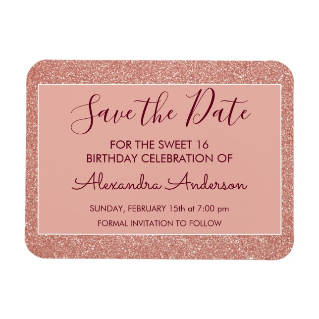 Rose Gold Glitter Burgundy Sweet 16 Save the Date Magnet (Horizontal)
