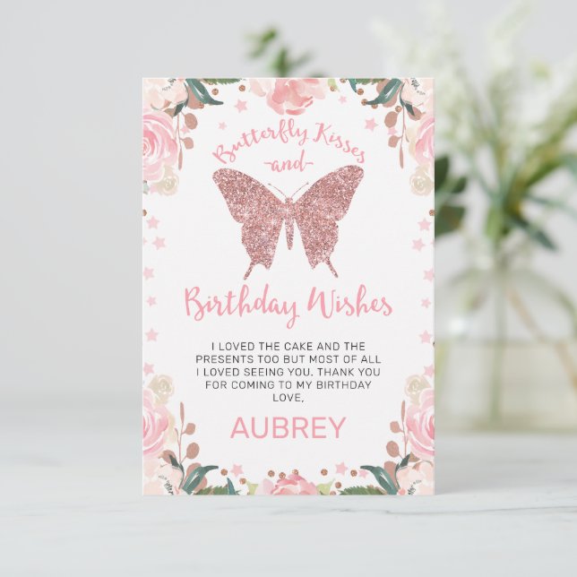 Rose Gold Glitter Butterfly Kisses Birthday  Thank You Card (Standing Front)