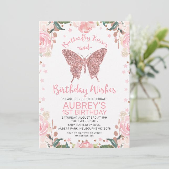 Rose Gold Glitter Butterfly Kisses Birthday Wishes Invitation (Standing Front)