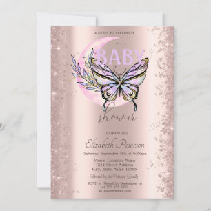 Rose Gold Glitter Butterfly Moon Baby Shower Invitation